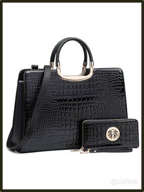 Women's Vegan PU Croco Textured Satchel Handbag Matching Wallet Work Tote Black